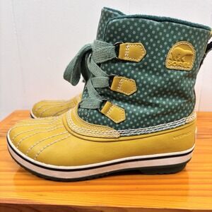 Sorel Girls Sz 3 Green Yellow Polka Dot Duck Boots Lace Up Waterproof ‎ Lined